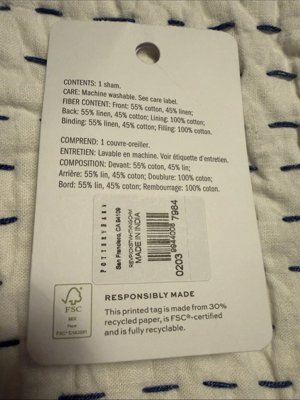 Pottery Barn Wheaton Pickstitch King Sham Reversible Chambray Cotton Linen